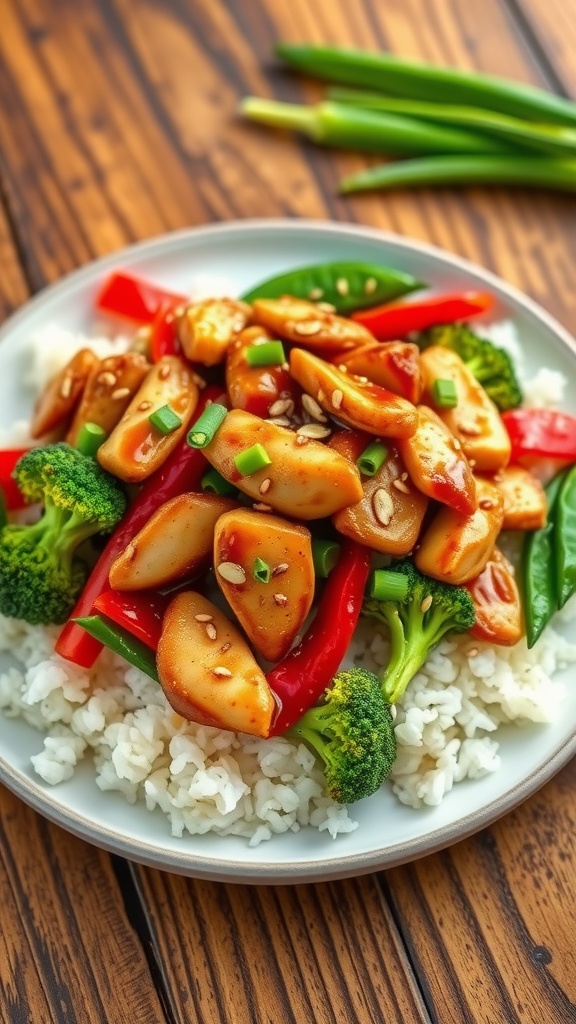 Savory Teriyaki Chicken Stir-Fry A colorful teriyaki chicken stir-fry with chicken, broccoli, red bell pepper, snap peas, garnished with sesame seeds and green onions, served over rice.